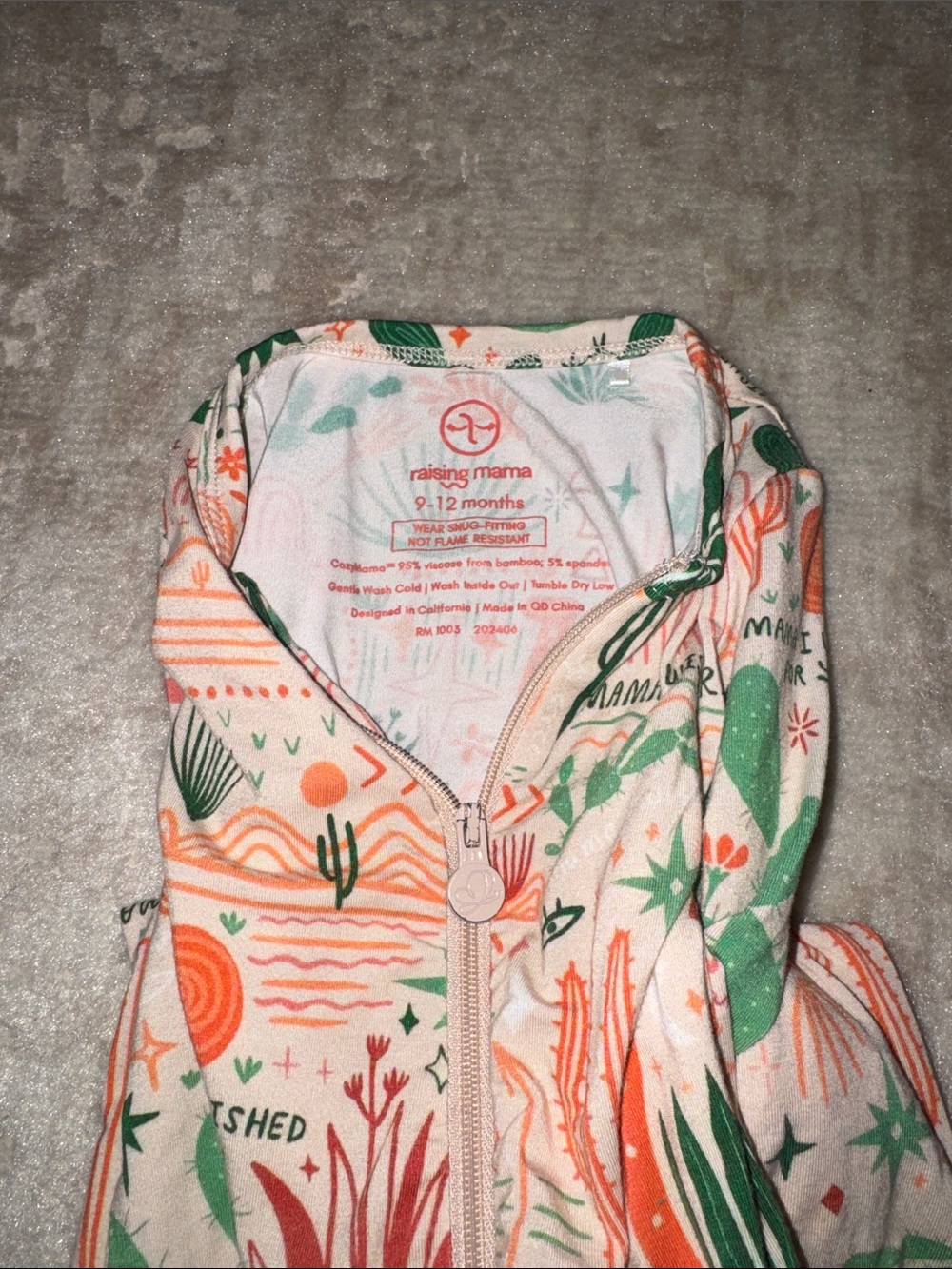 Kids Footed One-Piece in Cream with Green & Coral Botanical Print - Picture 2 of 2